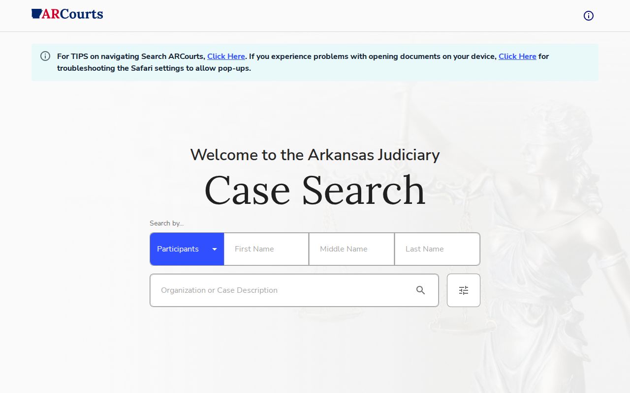 Search ARCourts interface for a Hot Spring County court docket