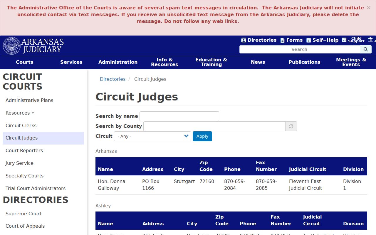 Hot Spring County court calendar circuit judge directory